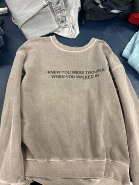 Taylor Swift Crewneck Sweater in Taupe with Text Detail